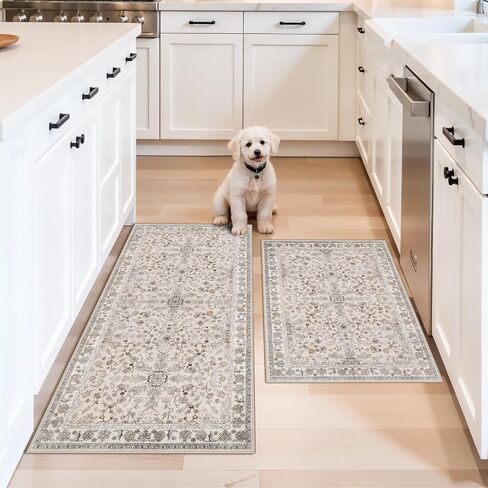 3x4 Entryway Rug Washable Non-Slip–Boho Floral Stain-Resistant Small Area Rug for Kitchen Bedroom Bathroom – Soft Low-Pile Thin Indoor Door Mat (Beige,3x4) in Saudi Arabia