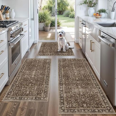 3x4 Entryway Rug Washable Non-Slip–Boho Floral Stain-Resistant Small Area Rug for Kitchen Bedroom Bathroom – Soft Low-Pile Thin Indoor Door Mat (Beige,3x4) in Saudi Arabia