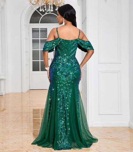 Women’s Sequin Evening Gown – Off Shoulder Spaghetti Strap Formal Maxi Dress with Mesh Panels for Wedding Prom Party in Saudi Arabia