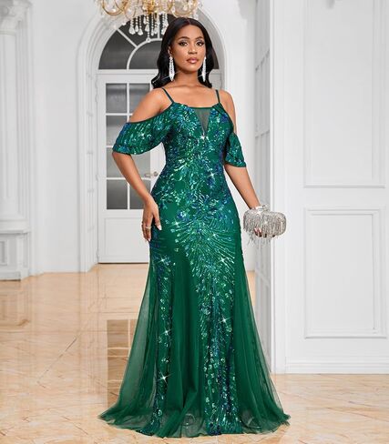 Women’s Sequin Evening Gown – Off Shoulder Spaghetti Strap Formal Maxi Dress with Mesh Panels for Wedding Prom Party in Saudi Arabia