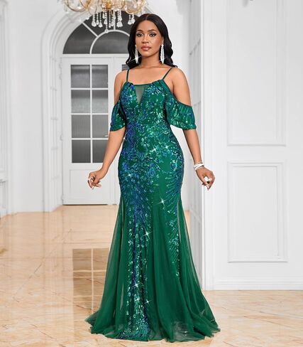Women’s Sequin Evening Gown – Off Shoulder Spaghetti Strap Formal Maxi Dress with Mesh Panels for Wedding Prom Party in Saudi Arabia