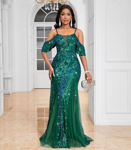 Women’s Sequin Evening Gown – Off Shoulder Spaghetti Strap Formal Maxi Dress with Mesh Panels for Wedding Prom Party in Saudi Arabia