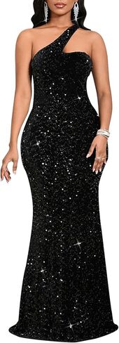 Women's One Shoulder Sequin Evening Gown – Formal Maxi Dress for Wedding Guest, Prom, Cocktail Blue in Kuwait