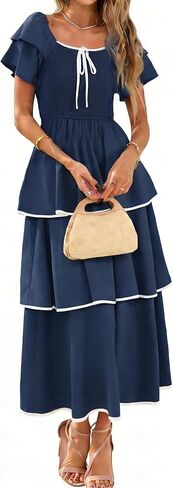 BerryGo Womens Summer Flowy Wedding Guest Maxi Dress Smocked Tiered Boho Casual Short Sleeve Square Neck Ruffle Dresses in Saudi Arabia