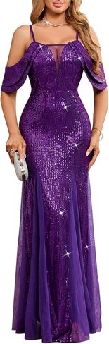 Women’s Sequin Evening Gown – Off Shoulder Spaghetti Strap Formal Maxi Dress with Mesh Panels for Wedding Prom Party in Kuwait