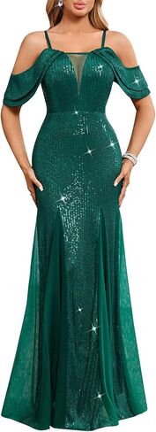 Women’s Sequin Evening Gown – Off Shoulder Spaghetti Strap Formal Maxi Dress with Mesh Panels for Wedding Prom Party in Saudi Arabia
