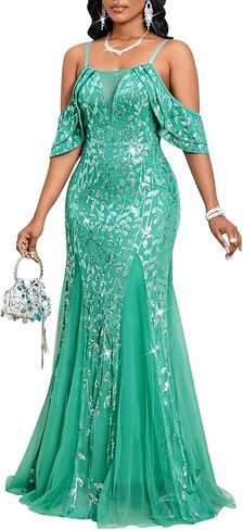 Women’s Sequin Evening Gown – Off Shoulder Spaghetti Strap Formal Maxi Dress with Mesh Panels for Wedding Prom Party in Saudi Arabia
