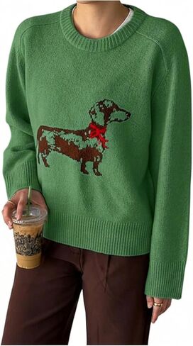 SweatyRocks Women's Cute Dog Graphic Long Sleeve Sweater Casual Crew Neck Loose Knit Pullover Tops in Saudi Arabia