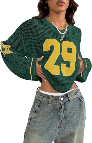Verdusa Women's Y2k Clothes Going Out Tops Oversized Crochet Jersey Shirts Graphic V Neck Pullover Sweater Dark Green X-Small in Saudi Arabia