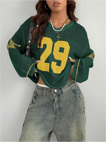 Verdusa Women's Y2k Clothes Going Out Tops Oversized Crochet Jersey Shirts Graphic V Neck Pullover Sweater Dark Green X-Small in Saudi Arabia