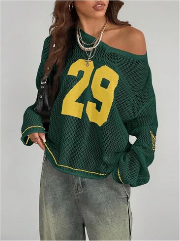Verdusa Women's Y2k Clothes Going Out Tops Oversized Crochet Jersey Shirts Graphic V Neck Pullover Sweater Dark Green X-Small in Saudi Arabia