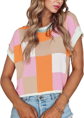 Womens Cap Sleeve Tops Knit Crewneck Patchwork Plaid Casual Trendy Fashion Vest Pullover Sweaters in Saudi Arabia