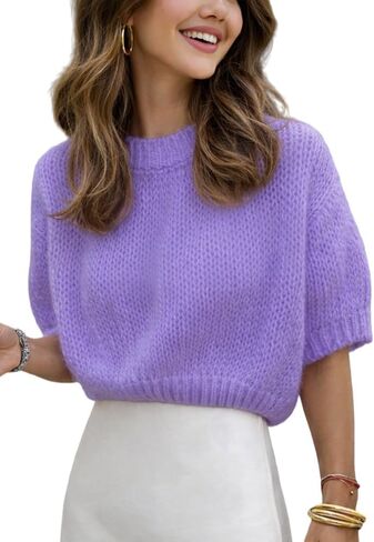 SCOFEEL Womens Cropped Knit Shirts Puff Short Sleeve Crewneck Pullover Sweater Tops Solid Loose Summer Crop Outfits in Saudi Arabia