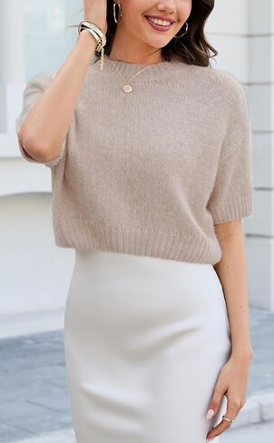 SCOFEEL Womens Cropped Knit Shirts Puff Short Sleeve Crewneck Pullover Sweater Tops Solid Loose Summer Crop Outfits in Saudi Arabia