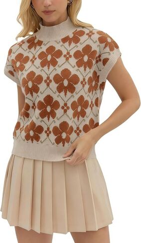 APAFES Women's Floral Sweater Vest Mock Neck Cap Sleeve Loose Fit Knit Vest Soft Casual Pullover for Spring Summer Fall in Saudi Arabia