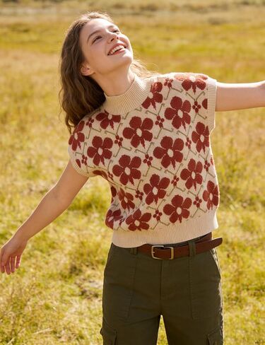 APAFES Women's Floral Sweater Vest Mock Neck Cap Sleeve Loose Fit Knit Vest Soft Casual Pullover for Spring Summer Fall in Saudi Arabia
