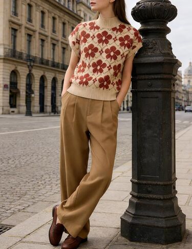 APAFES Women's Floral Sweater Vest Mock Neck Cap Sleeve Loose Fit Knit Vest Soft Casual Pullover for Spring Summer Fall in Saudi Arabia