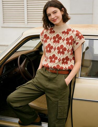 APAFES Women's Floral Sweater Vest Mock Neck Cap Sleeve Loose Fit Knit Vest Soft Casual Pullover for Spring Summer Fall in Saudi Arabia