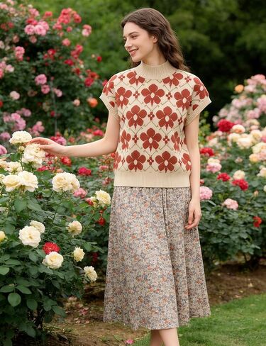 APAFES Women's Floral Sweater Vest Mock Neck Cap Sleeve Loose Fit Knit Vest Soft Casual Pullover for Spring Summer Fall in Saudi Arabia