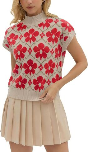 APAFES Women's Floral Sweater Vest Mock Neck Cap Sleeve Loose Fit Knit Vest Soft Casual Pullover for Spring Summer Fall in Kuwait
