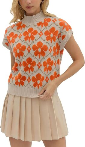 APAFES Women's Floral Sweater Vest Mock Neck Cap Sleeve Loose Fit Knit Vest Soft Casual Pullover for Spring Summer Fall in Saudi Arabia