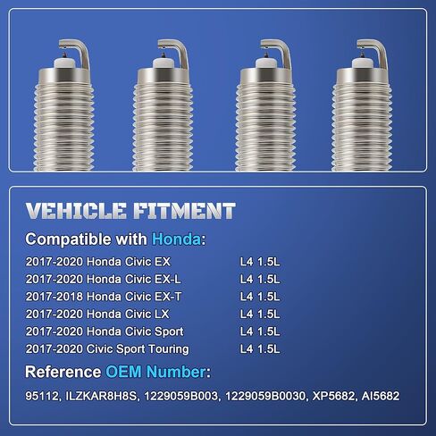 Iridium Platinum Spark Plugs 4 Pack Compatible with 2017 2018 2019 2020 1.5 Honda Civic EX LX EXL EX-T Sport L4 1.5L Replaces 95112, ILZKAR8H8S, 1229059B003, 1229059B0030, XP5682, AI5682 in Saudi Arabia