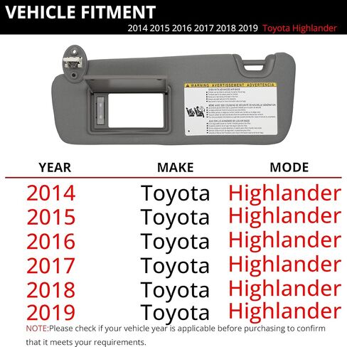 واقي من الشمس يناسب 2014-2019 Toyota Highlander الجانب الأيسر للسائق مع استبدال الضوء # 74320-0E074-B0 رمادي in Kuwait