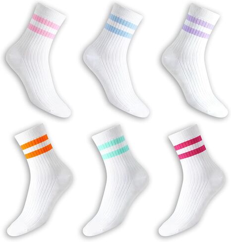 جوارب قطنية للكاحل، 6 أزواج، نمط مخطط باستيل، مقاس نسائي 5-11، 80% قطن (الولايات المتحدة، رقمي، 5، 11، أبيض مع خطوط) in Kuwait