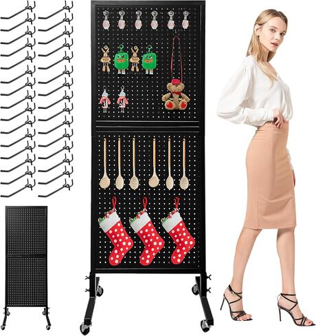 Royxen Metal Pegboard 2 x 5 Feet with 30 Hooks, Pegboard Display with Wheels, Standing Pegboard Display (Black) in Kuwait