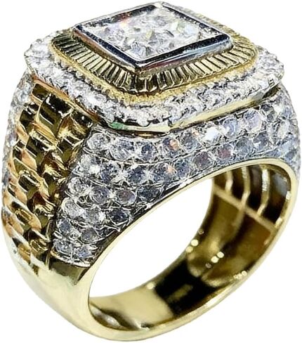 QUSIIOSLK 18K Gold Plated Bling Cubic Zirconia Square CZ Ring Hip Hop Iced Out Lab Simulated Diamond Square Side Watch Band Design Accent Statement Ring Wide Band Jewelry for Men Size 7-12 7 in Kuwait