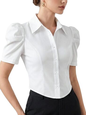 SUNNOW Women's Gigot Sleeve Cropped Blouse Simple Short Sleeve Button Down Shirt for Summer Office Commute in Saudi Arabia
