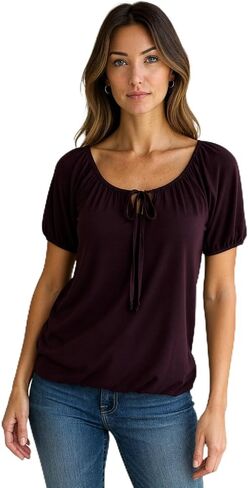Star Vixen Women's Short Sleeve Blouse with Scoop Neck and Tie Detail in Saudi Arabia