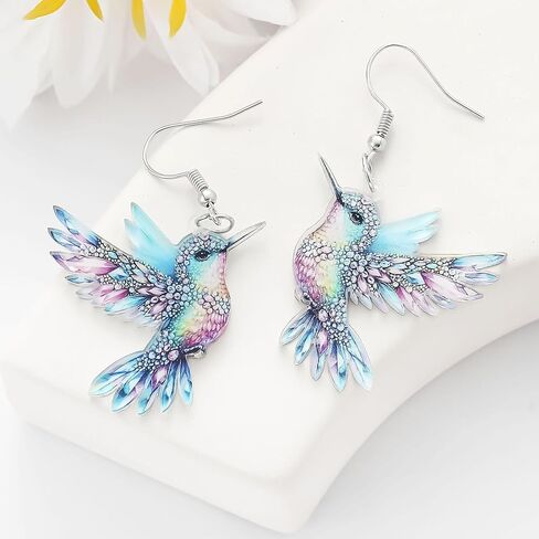 Hummingbird Earrings, 925 Sterling Silver Bird Earrings for Women Hypoallergenic 2D Acrylic Dangling Novelty Fun Blue Colorful Cute Humming Bird Drop Dangle Jewelry in Saudi Arabia