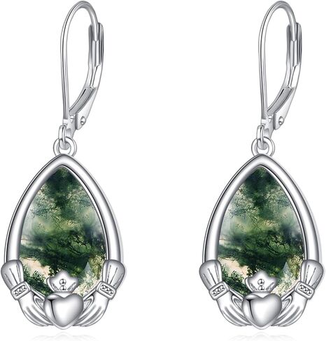 Sterling Silver Claddagh Irish Drop Earrings Women's Pear Shape Moss Agate Dangle Earrings Birthday Vintage Jewelry Christmas St. Patrick's Day Gift for Her in Kuwait