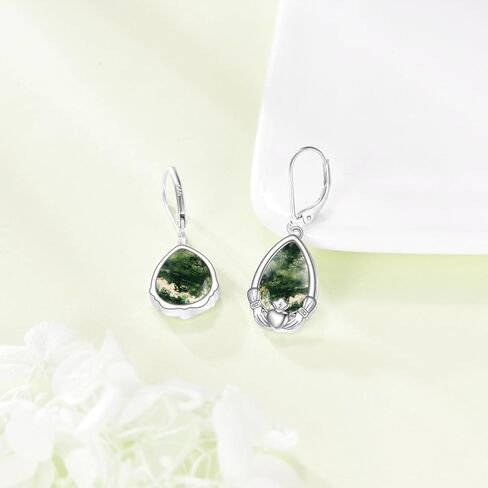 Sterling Silver Claddagh Irish Drop Earrings Women's Pear Shape Moss Agate Dangle Earrings Birthday Vintage Jewelry Christmas St. Patrick's Day Gift for Her in Kuwait