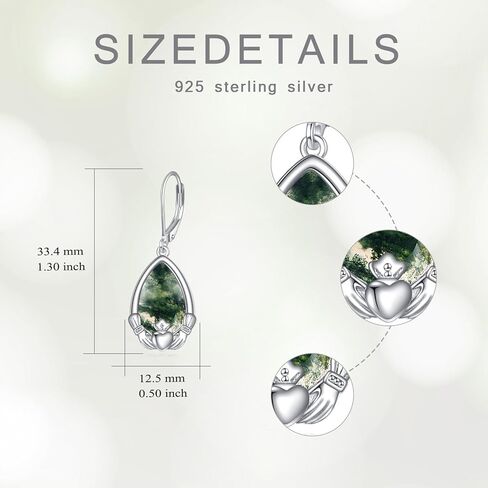 Sterling Silver Claddagh Irish Drop Earrings Women's Pear Shape Moss Agate Dangle Earrings Birthday Vintage Jewelry Christmas St. Patrick's Day Gift for Her in Kuwait