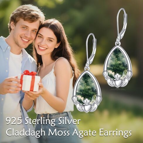 Sterling Silver Claddagh Irish Drop Earrings Women's Pear Shape Moss Agate Dangle Earrings Birthday Vintage Jewelry Christmas St. Patrick's Day Gift for Her in Kuwait