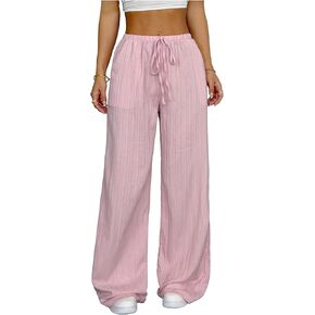 SOLY HUX Women's Wide Leg Pants Tie Front Elastic Waist Baggy Textured Long Pants Trousers with Pockets in Kuwait