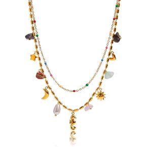 Vacation Style 18K Gold Plated Stainless Steel Pearl Heart Seahorse Star Moon Sun Natural Stones Pendants Double Layered Chain Necklace in Kuwait