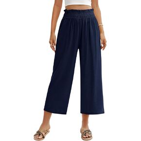 HEEKPEK Womens Capri Pants Wide Leg Casual Elastic Smocked High Waist Trousers Trendy Flowy Beach Palazzo Pants with Pockets in Kuwait