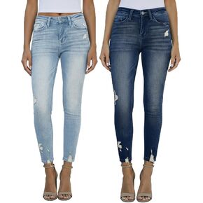 Women's Mid Waisted Jeans Trendy Distressed Stretch Ripped Butt Lift Denim Pants (Pack of 2) in Kuwait