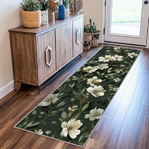 White Floral 4x10 Runner Rug, Flower Deep Green Runners for Hallways, Kitchen, Bedroom, Entryway, White Floral Home Decor Floor Carpet, Non Slip Washable Low Pile, 4 x 10 ft EZ112 in Saudi Arabia