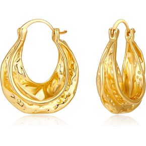 Chunky Hoop Earrings for Women 14K Gold Plated Hammered Texture Thick Wide Hoops Hypoallergenic Statement Jewelry Gifts in Kuwait