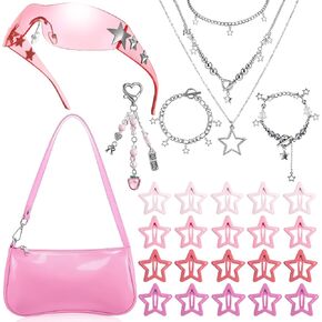 Y2k Accessories Set Patent Leather Shoulder Bag Grunge Layered Necklace Bracelets Y2K Sunglasses Star Clips Pink Keychain Vintage Jewelry Set for Women in Kuwait