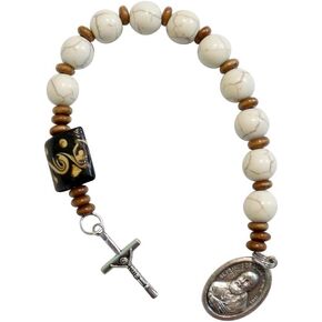 Saint Francis De Sales Patron of Those with Hearing Problems White Magnesite Round Beads Chaplet Silver Plated Crucifix and Medal Large Carved Wood Square Pater Noster Includes Blessed Prayer Card in Kuwait
