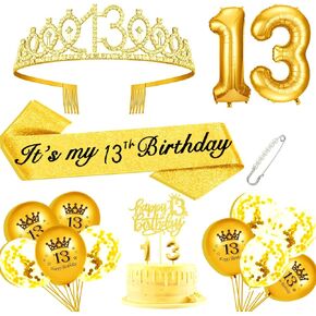 مجموعة زينة عيد الميلاد الثالث عشر للفتيات، تتضمن تاج عيد الميلاد الثالث عشر و13 وشاحًا، وغطاء كعكة عيد الميلاد الثالث عشر و13 شمعة عيد ميلاد، و13 بالونة ذهبية، ومستلزمات الحفلات النسائية الثالثة عشرة (ذهبية) in Kuwait