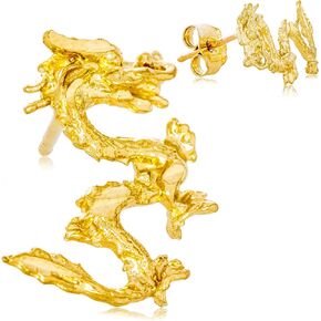 أقراط التنين الطويلة Lucky Energy منقوشة بدقة من الذهب الصلب عيار 14 قيراط | 9 مم × 12 مم | 1.1 جرام in Kuwait