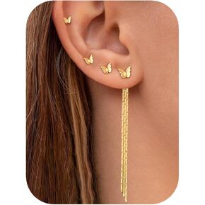 Florideco 4 Pairs 14K Gold Plated Stud Earrings for Women Hypoallergenic Cartilage Earrings for Multiple Piercing Dainty Dangle & Threader Chain Flower Wedding Earring Stacks for Brides in Kuwait