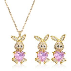 Easter Bunny Necklace Earrings Set for Women Pink Crystal Gold Bunny Earrings Trendy Rhinestone Rabbit Pendant Necklace Spring Holiday Jewelry Gifts Easter Outfits Accessories in Saudi Arabia
