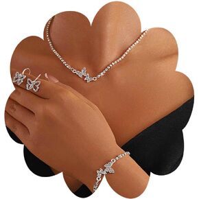 EARENT حجر الراين فراشة مجموعات المجوهرات قلادة فضية سوار أقراط مجموعة كريستال مجوهرات الزفاف للنساء (مجموعة من 3) in Kuwait